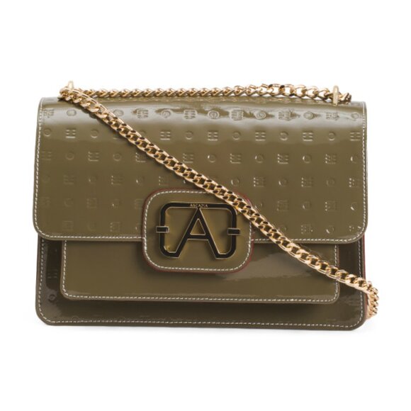 ARCADIA Made In Italy Patent Leather Metal Hardware Flap Over Crossbody - Picture 1 of 3
